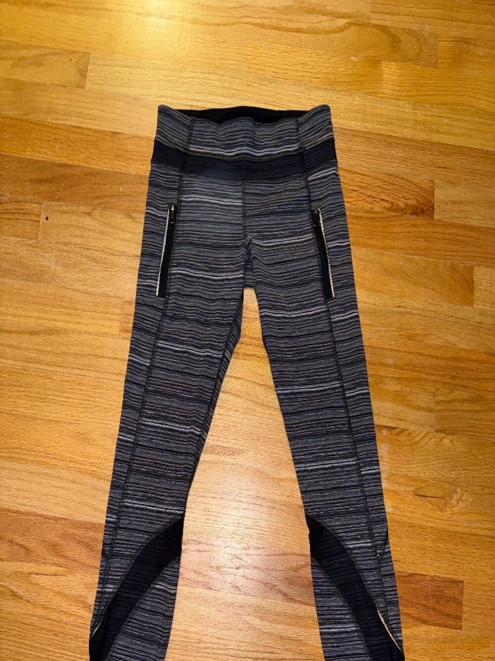 Lululemon | Black Gray Striped Leggings with Zipper Pockets | Size 4